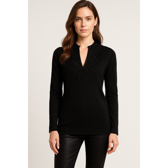 Tory Burch Merino Wool Beaded Tunic Top Black L Embellished V-Neck Long Sleeve - Picture 14 of 15